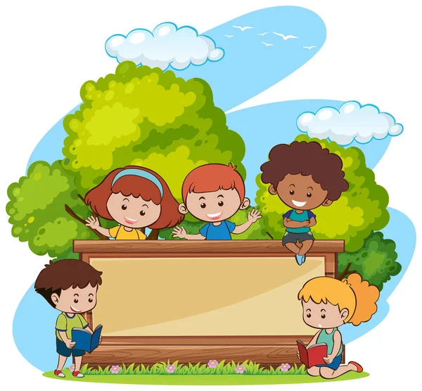 Border template with cute girls and boys in park — Stock Vector