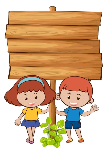Wooden board with two kids — Stock Vector