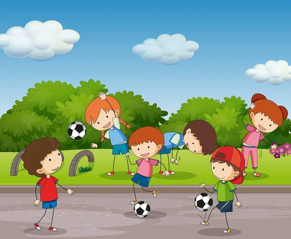Багато дітей грають у футбол у саду — стоковий вектор