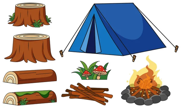 白色背景的蓝色帐篷和篝火 — 图库矢量图片