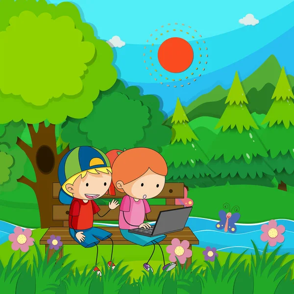 Two kids working on computer in the park — Stock Vector