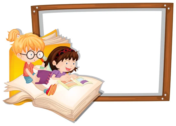 Border template with two girls reading — Stock Vector