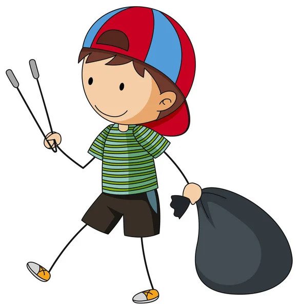 Boy with garbage bag and tongs — Stock Vector