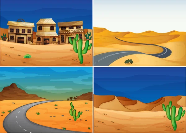 Cuatro escenas con carretera en el desierto — Vector de stock