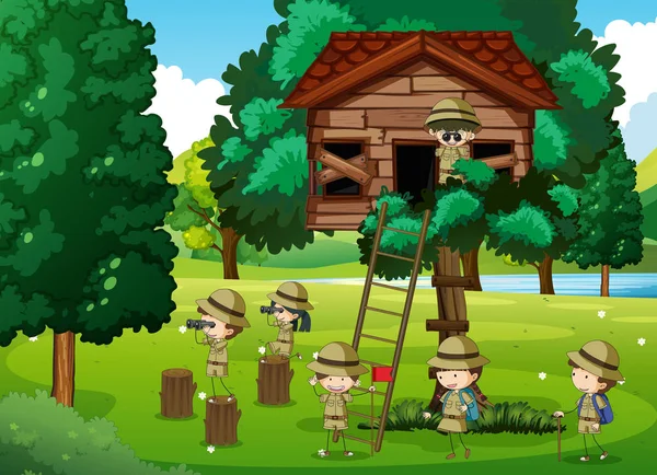 Scouter som spelar i treehouse — Stock vektor