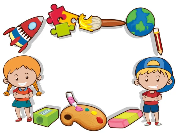 Design de frontière avec des enfants heureux et des jouets — Image vectorielle