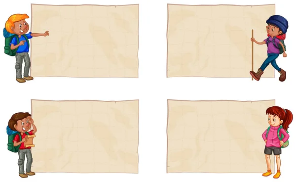 Quatre papiers vierges avec randonneurs — Image vectorielle