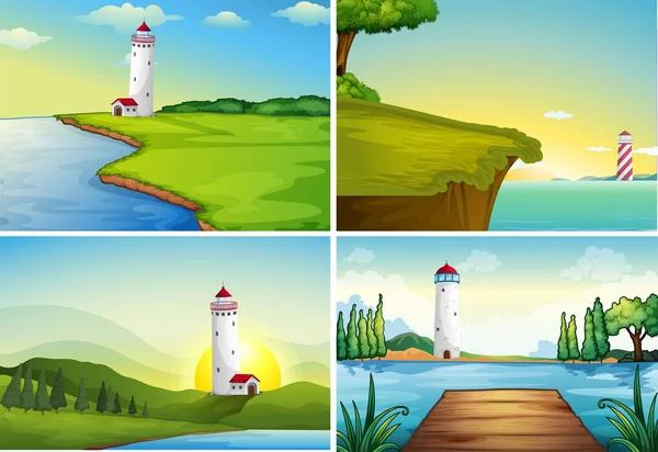 Fyra natur scener med fyr vid havet — Stock vektor