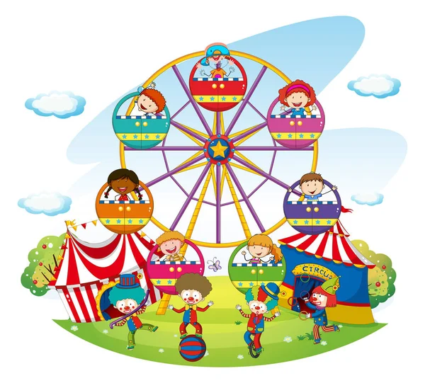 Happy kids riding on ferris wheel — Stock Vector