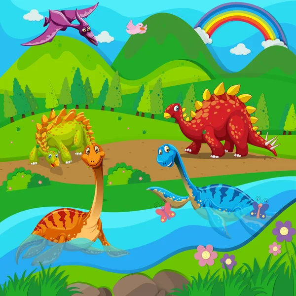 Background scene with dinosaurs by the river — Stock Vector