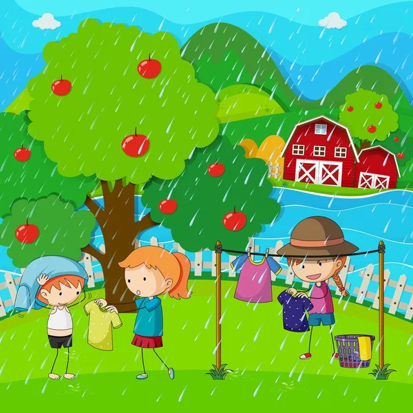 Scena in giardino con bambini che fanno il bucato sotto la pioggia — Vettoriale Stock