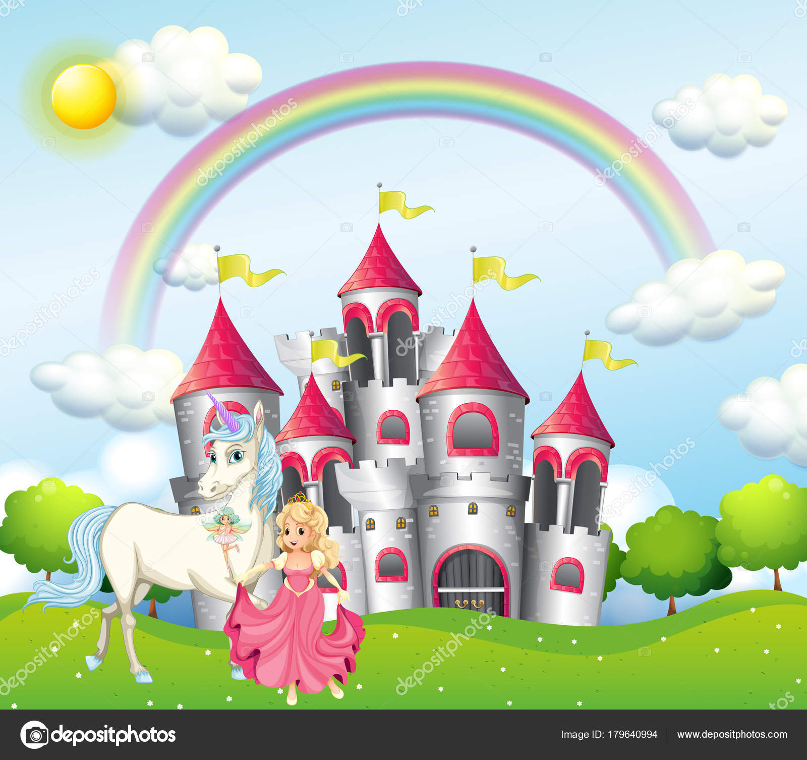 Cena de fundo com princesa e unicórnio no castelo rosa Vetor de  ©interactimages 179640994, image size:1600x1506