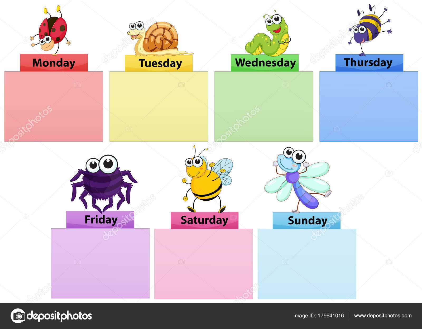Days of the week banner template with colorful bugs Stock Illustration Days of the week banner template with colorful bugs Stock Illustration