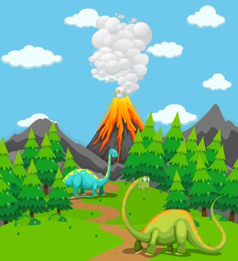 İki dinozorlar ve volkan Erüpsiyonu