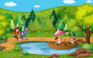 Park sahne yağmur altında çalışan çocuklu 