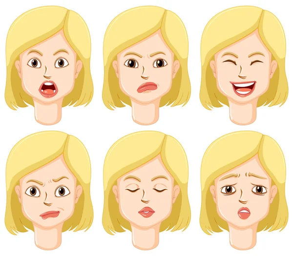 Femme avec différentes expressions faciales — Image vectorielle