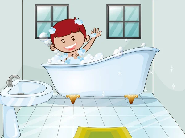 Niño tomando baño de burbujas solo — Vector de stock