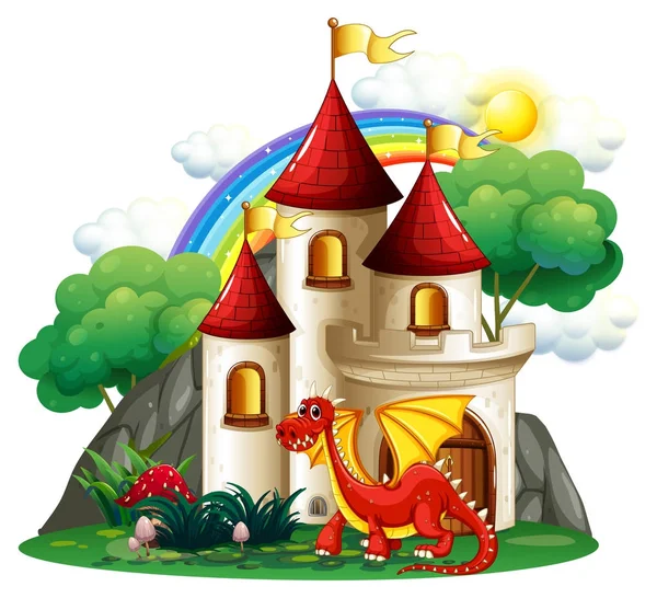 Сцена с красным драконом и башнями — стоковый вектор