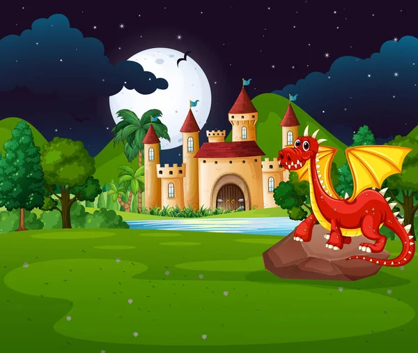 Scene with red dragon and castle — Stock Vector