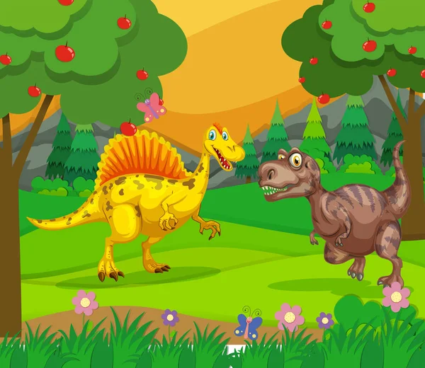 Spinosaurus et T-Rex sur le terrain — Image vectorielle