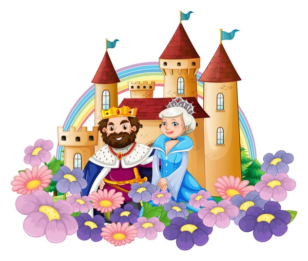 Rei e rainha no jardim de flores no palácio — Vetor de Stock