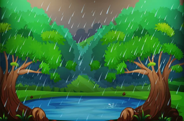 Escena de fondo con bosque bajo la lluvia — Vector de stock