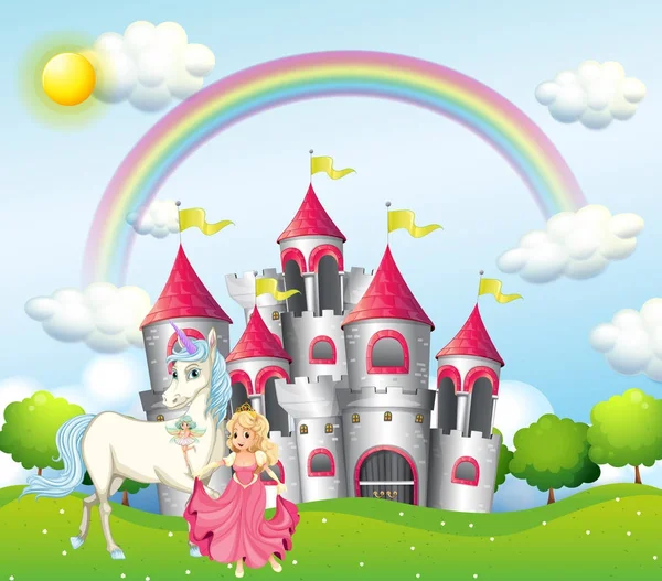 Scène de fond avec princesse et licorne au château rose — Image vectorielle