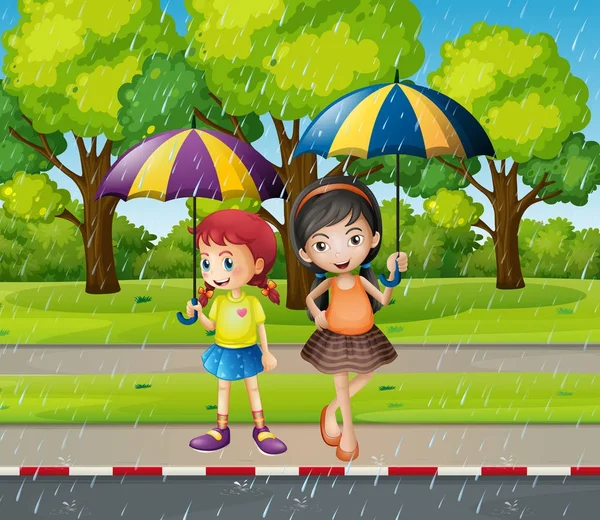 Duas meninas com guarda-chuva na chuva — Vetor de Stock