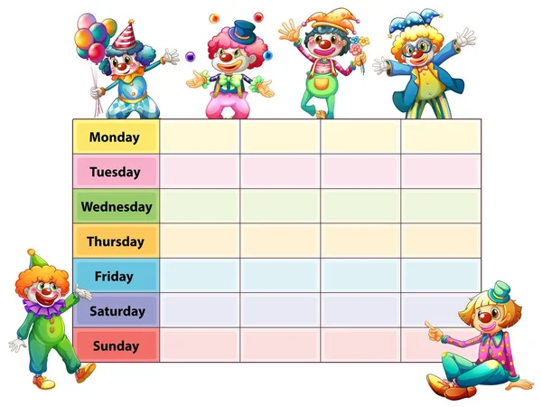 时间表模板与天的星期和小丑 — 图库矢量图片