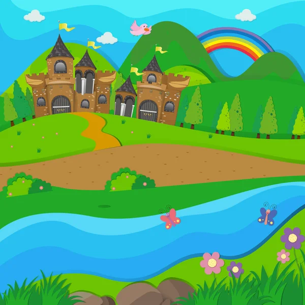 背景场面与褐色城堡在河附近 — 图库矢量图片