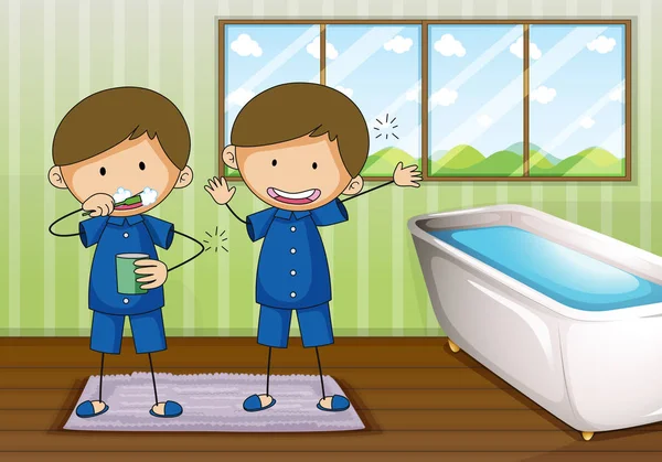 Niños cepillado y limpieza en el baño — Archivo Imágenes Vectoriales