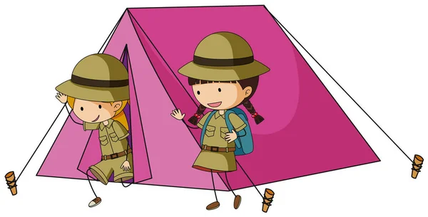两个孩子在粉红色的帐篷 — 图库矢量图片