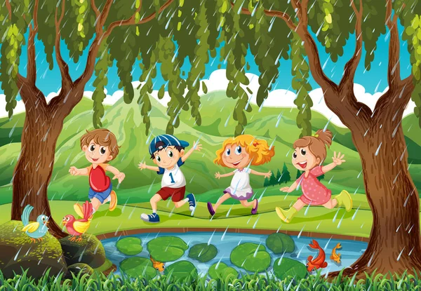 Jelenet a gyerekek eső erdőben — Stock Vector