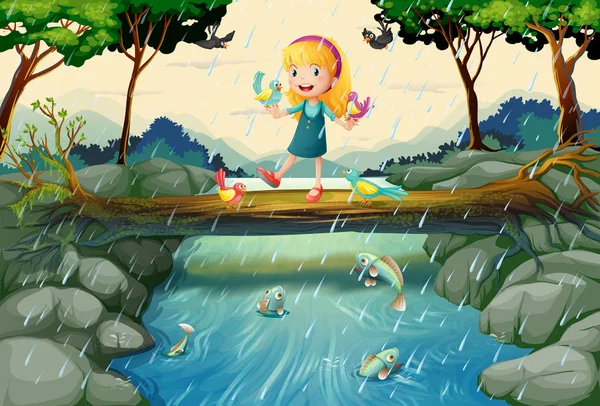 Сцена дождя с девушкой на мосту — стоковый вектор