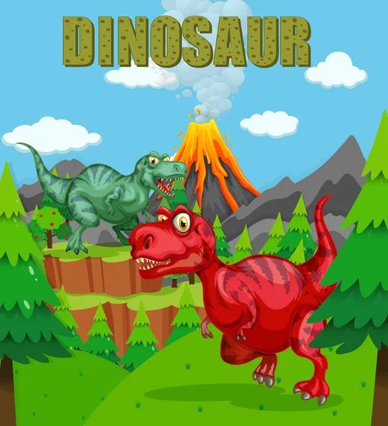 Cartel de dinosaurios con dos t-rex en el campo — Vector de stock