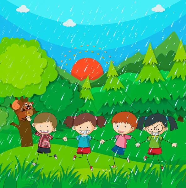 Regenszene mit Kindern im Park — Stockvektor