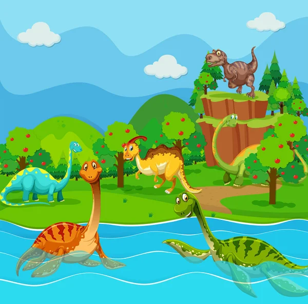 Many dinosaurs in the lake — Stock Vector