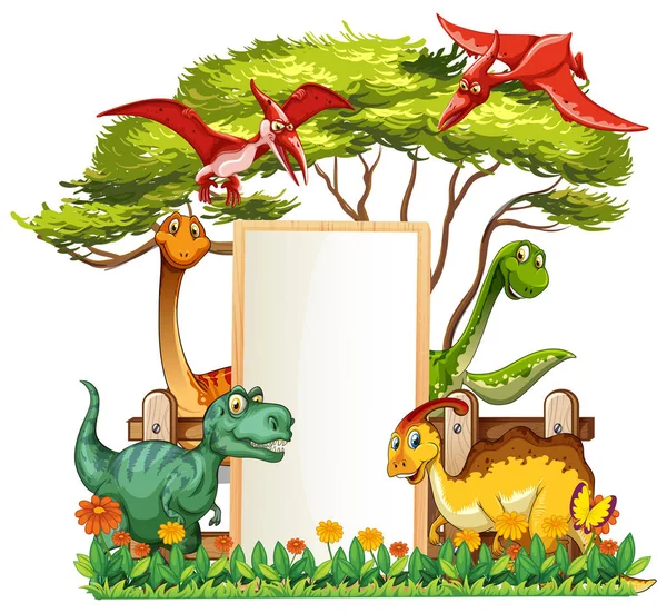 Banner template with many dinosaurs in garden — Stock Vector