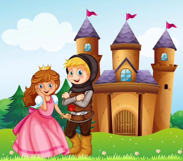 Príncipe y princesa en el castillo — Vector de stock