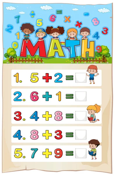 Modèle de feuille de calcul d'ajout pour les jeunes enfants — Image vectorielle