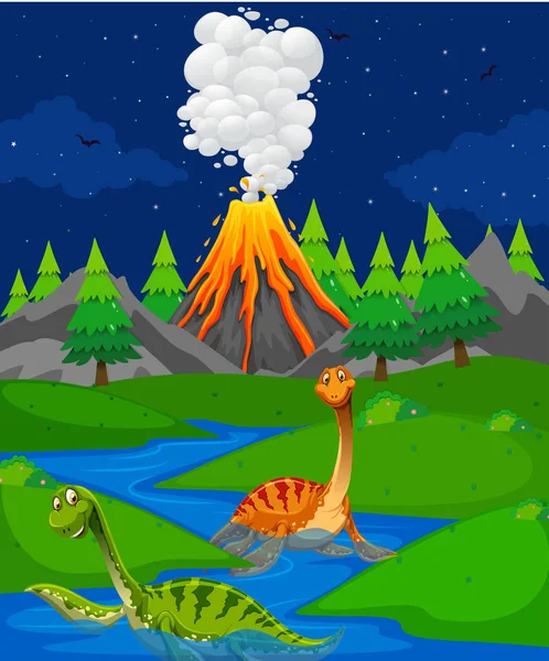 Scena z dwóch dinozaurów w rzece — Wektor stockowy