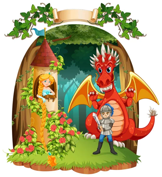 Scene with knight saving princess from the dragon — Stock Vector