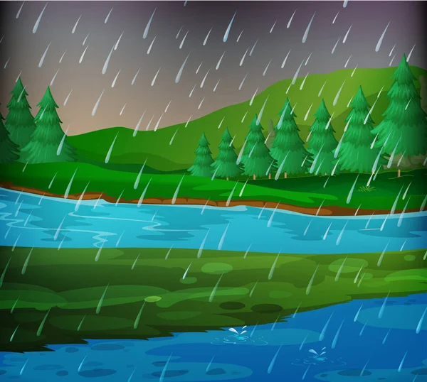 River scene on rainy day — Stock Vector