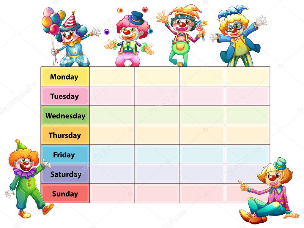 Timetable template with days of the week and clowns