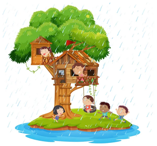 Kinder spielen im Baumhaus auf Insel — Stockvektor