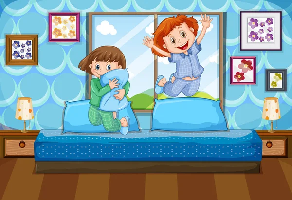 Two girls in pajamas jumping on bed — Stock Vector