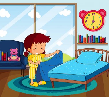 Kız sarı pijama yatak yatak odasında yapmak