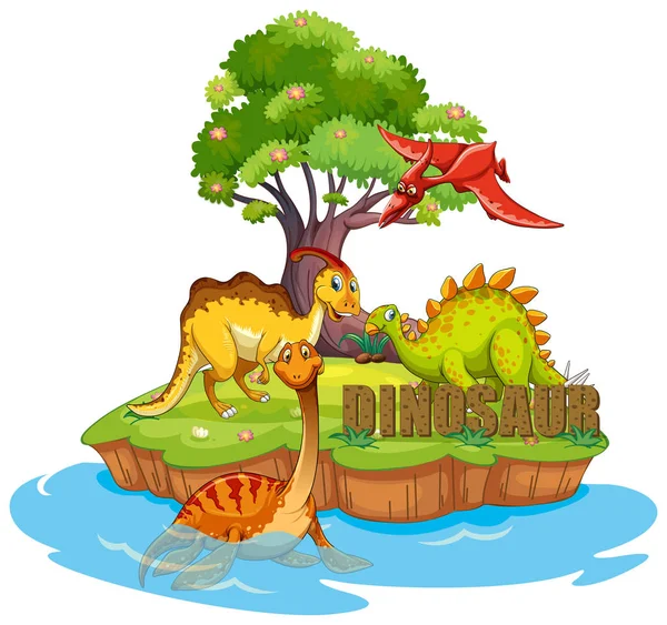 Dinosaurios en la isla — Vector de stock