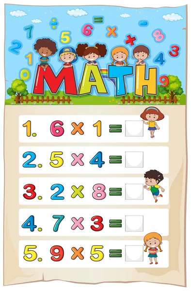 Modelo de planilha matemática com crianças e problemas de multiplicação — Vetor de Stock