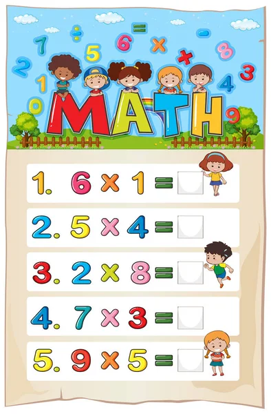 Matematik çalışma sayfası şablon çocuk ve çarpma problemleri ile — Stok Vektör